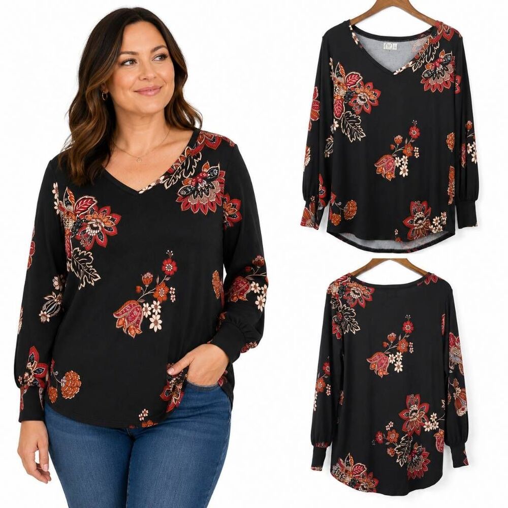 Maurices XL 24/7 Black Floral V Neck Tunic Blouse